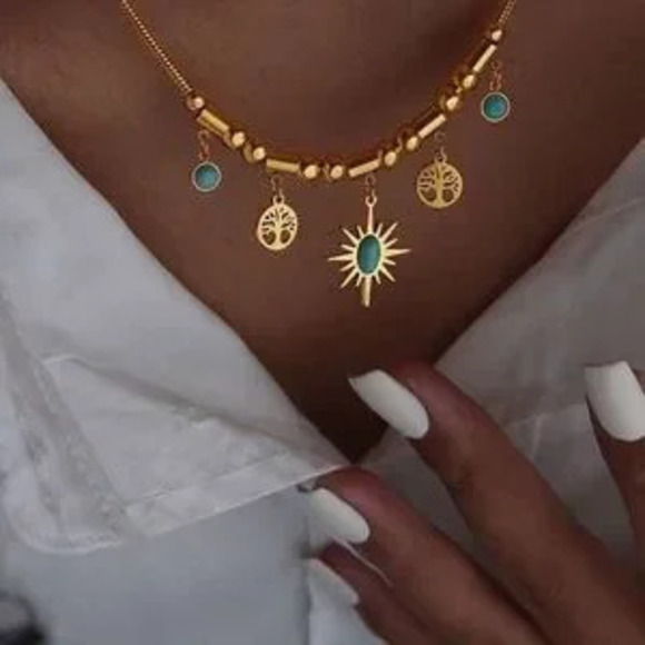 Free People Jewelry - Gold Plated Stainless Steel Turquoise Tree of Life Charm Necklace Jewelry